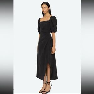 NWT Bohme Black Solid Puff Sleeves Square Neck Ruched Midi Dress size Large